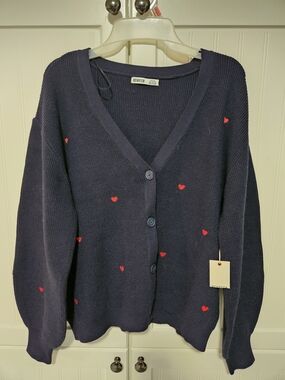 Womens Devoted Navy Cardigan with Red Heart Embroidery